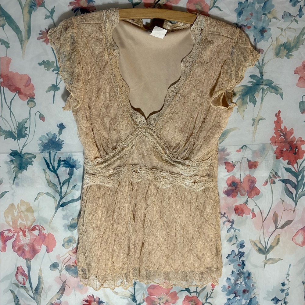 Vintage Y2K Rave Beige Lace Top